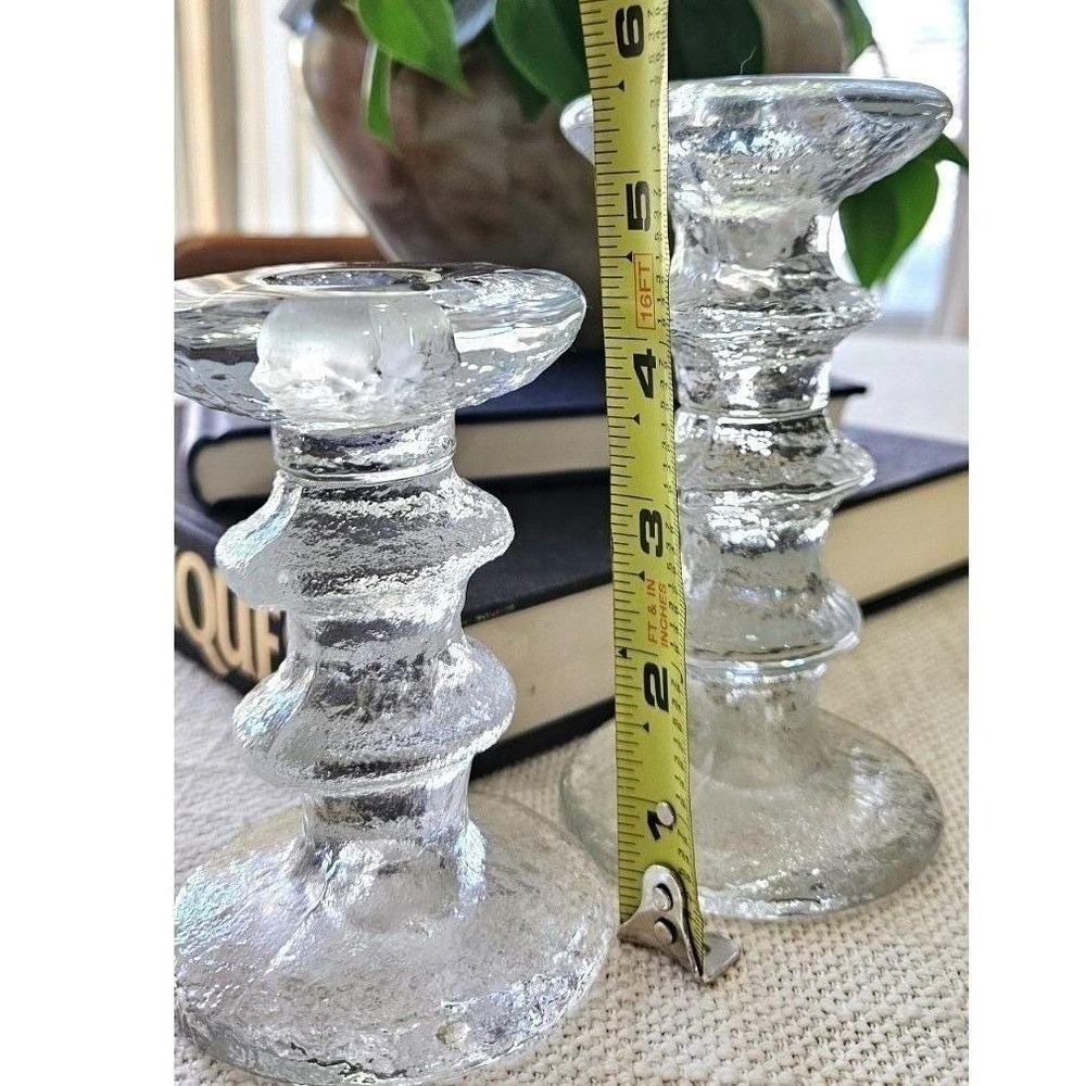 Scandinavian Ice Glass Candle Holders Pair Heavy Textured Block Glass MCM - Picture 4 of 6